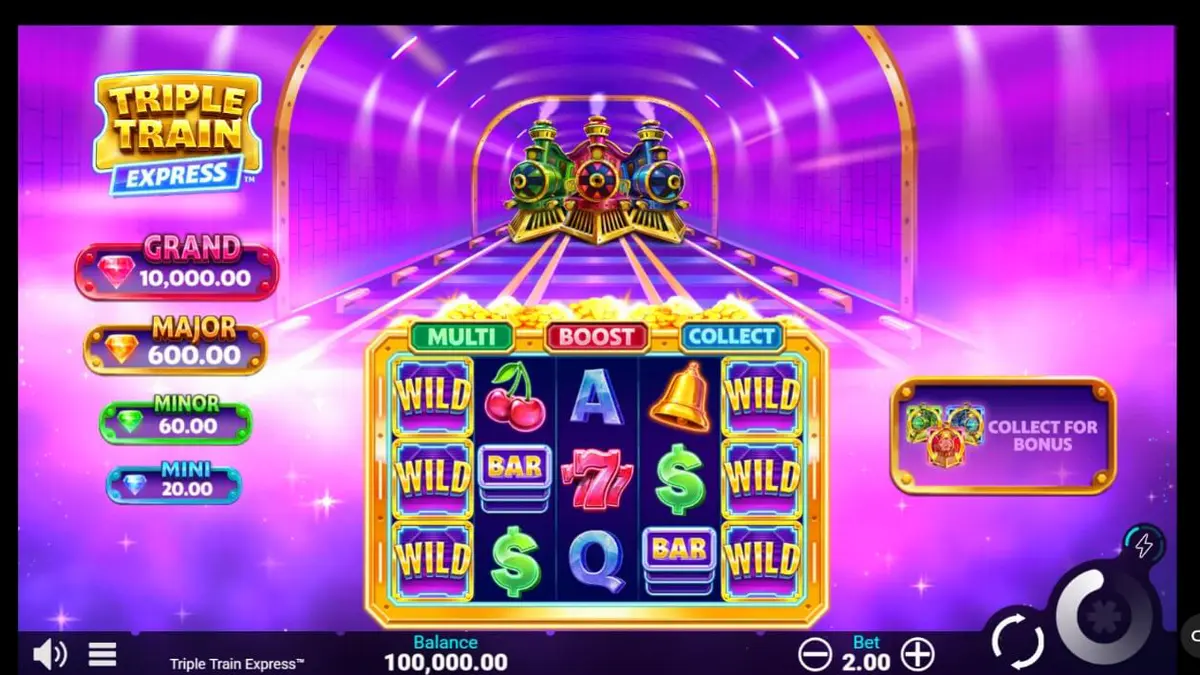 Interface futurista e neon do slot Triple Train Express