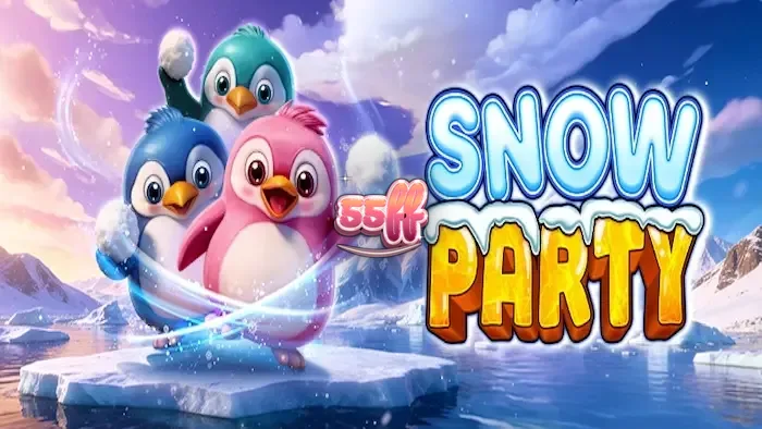 Cena animada do jogo Snow Party com pinguins e elementos árticos